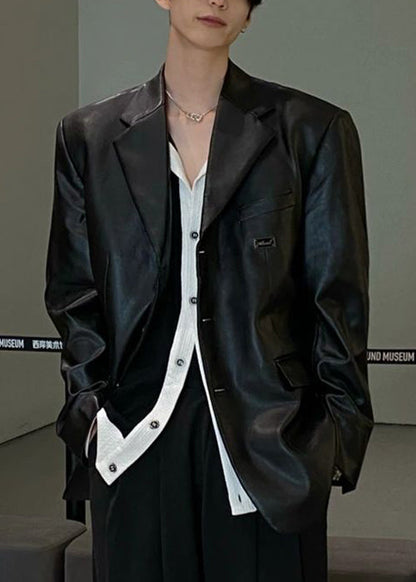 French Black Notched Button Faux Leather Mens Coat Spring RN033 ABC