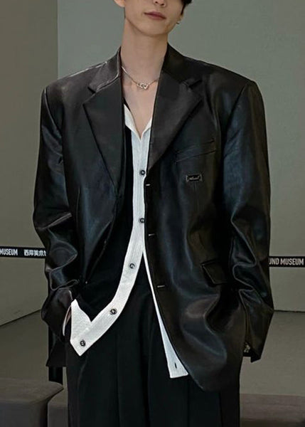 French Black Notched Button Faux Leather Mens Coat Spring RN033 ABC