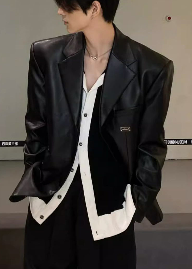 French Black Notched Button Faux Leather Mens Coat Spring RN033 ABC