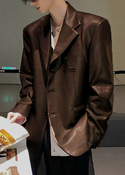 French Black Notched Button Faux Leather Mens Coat Spring RN033 ABC