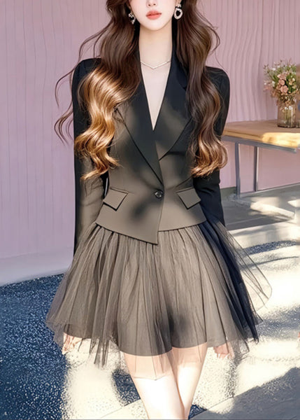Black French And Long Skirts Coats Notched Tulle Set Two Pieces FashionChic