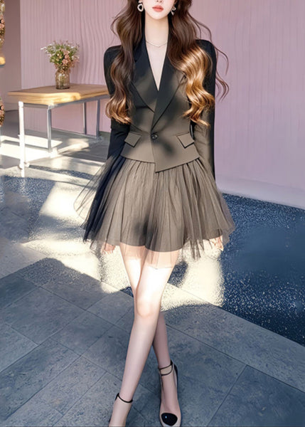 Black French And Long Skirts Coats Notched Tulle Set Two Pieces FashionChic