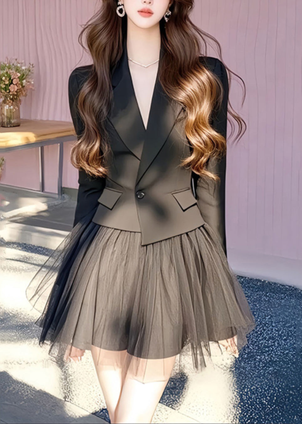 Black French And Long Skirts Coats Notched Tulle Set Two Pieces FashionChic