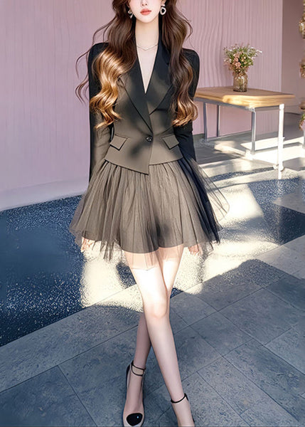 Black French And Long Skirts Coats Notched Tulle Set Two Pieces FashionChic