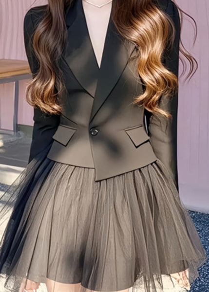 Black French And Long Skirts Coats Notched Tulle Set Two Pieces FashionChic