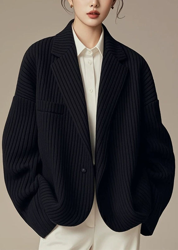 French Black Notched Striped Button Spandex Coats Fall ER003 ABC