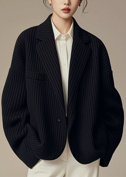 French Black Notched Striped Button Spandex Coats Fall ER003 ABC