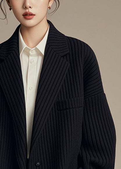 French Black Notched Striped Button Spandex Coats Fall ER003 ABC