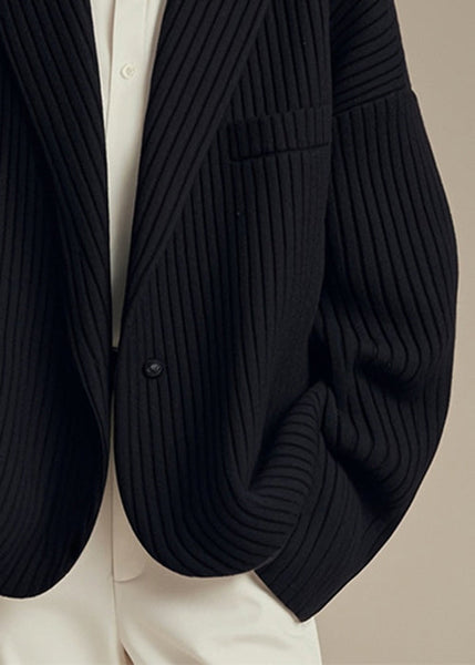 French Black Notched Striped Button Spandex Coats Fall ER003 ABC