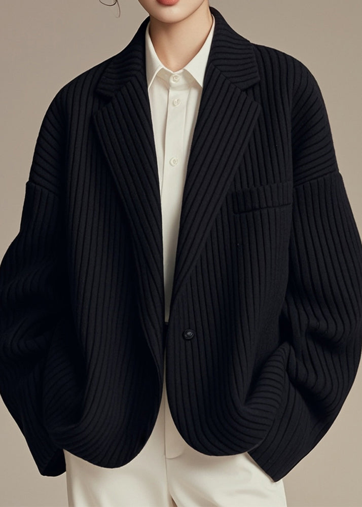 French Black Notched Striped Button Spandex Coats Fall ER003 ABC