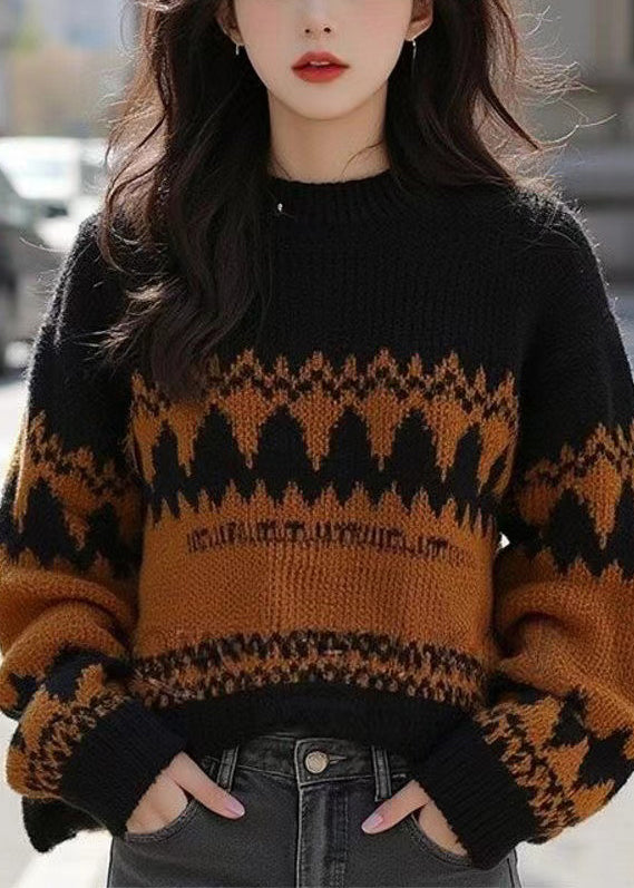 French Black O Neck Cozy Patchwork Wool Knit Sweater Winter WX015 ABC
