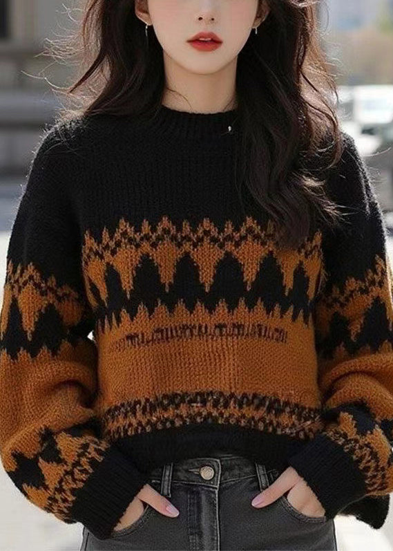 French Black O Neck Cozy Patchwork Wool Knit Sweater Winter WX015 ABC