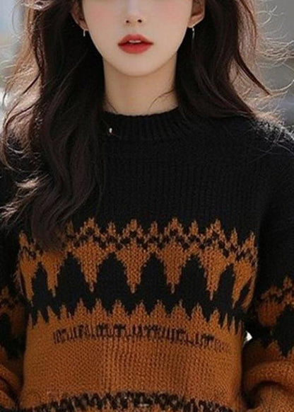 French Black O Neck Cozy Patchwork Wool Knit Sweater Winter WX015 ABC