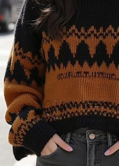 French Black O Neck Cozy Patchwork Wool Knit Sweater Winter WX015 ABC