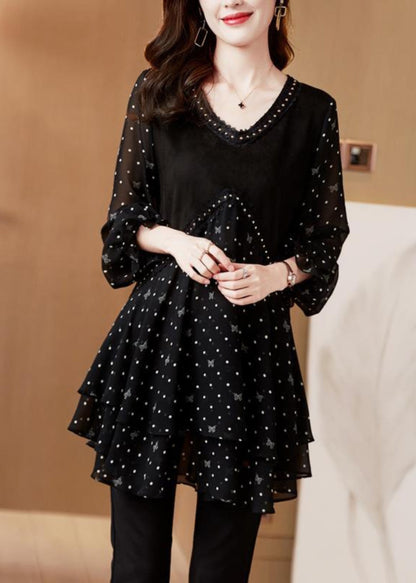 Sleeve Black Shirt Lantern Dot Chiffo O-Neck French FashionChic