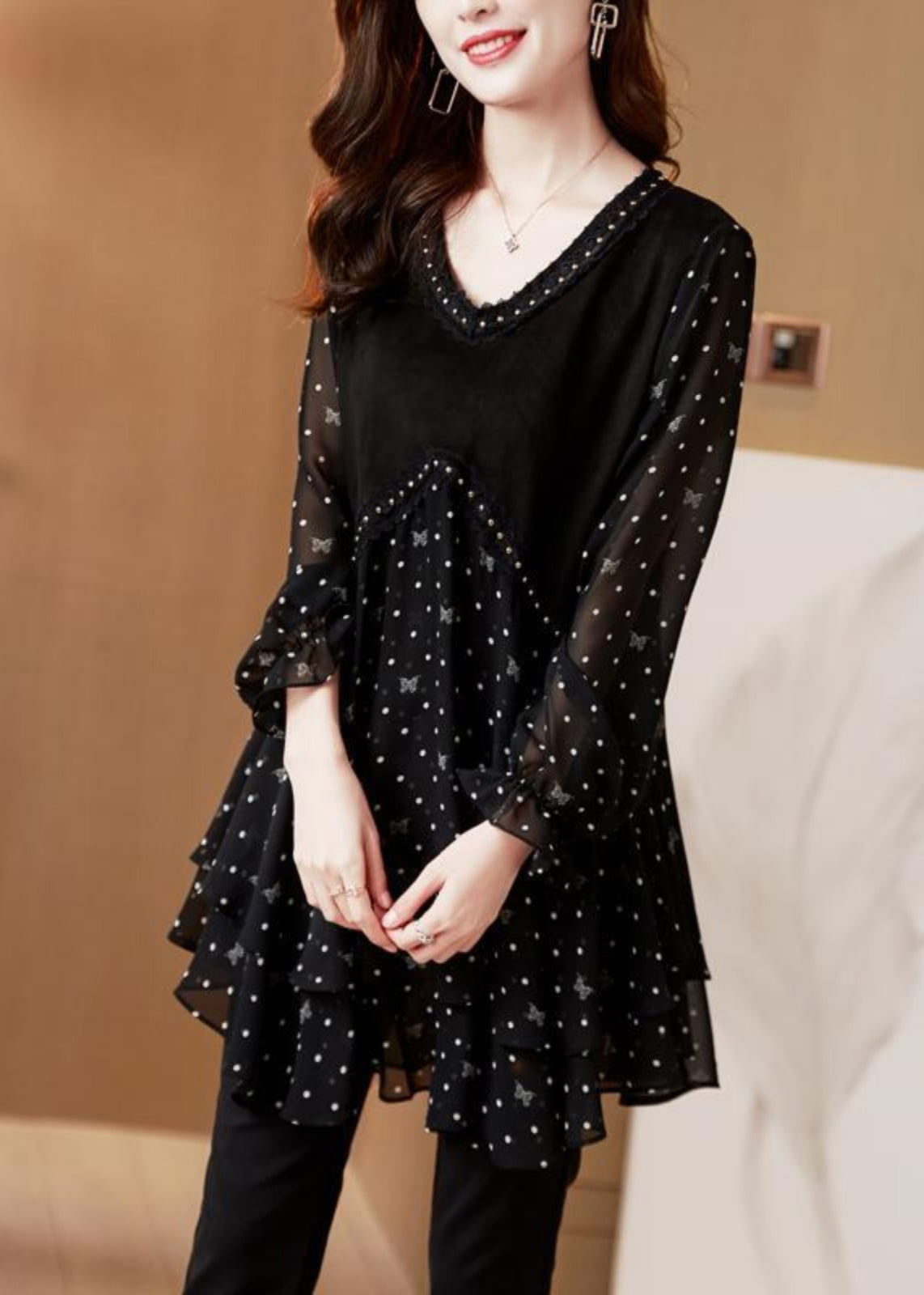 Sleeve Black Shirt Lantern Dot Chiffo O-Neck French FashionChic