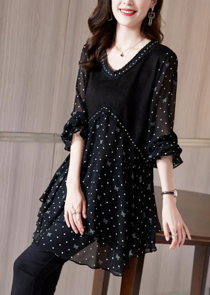 Sleeve Black Shirt Lantern Dot Chiffo O-Neck French FashionChic