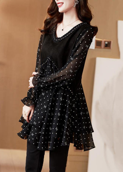 Sleeve Black Shirt Lantern Dot Chiffo O-Neck French FashionChic