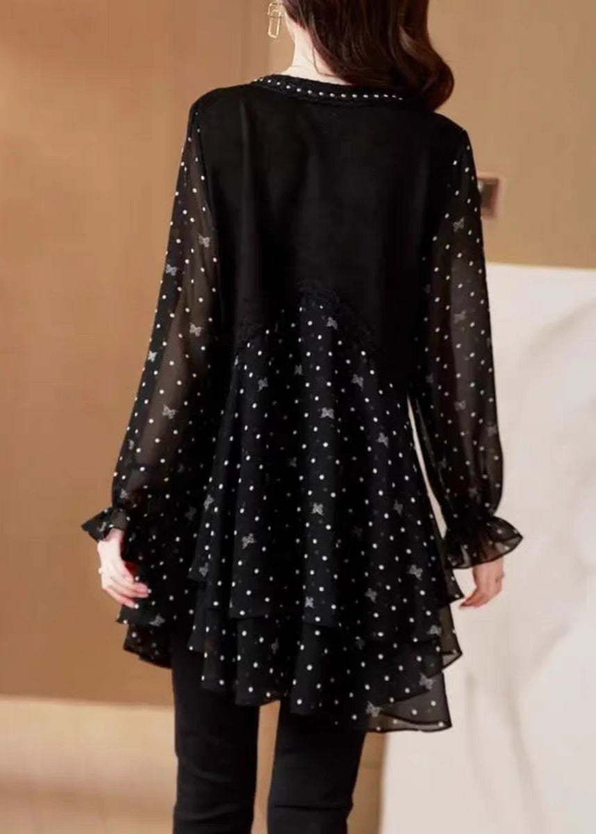 Sleeve Black Shirt Lantern Dot Chiffo O-Neck French FashionChic