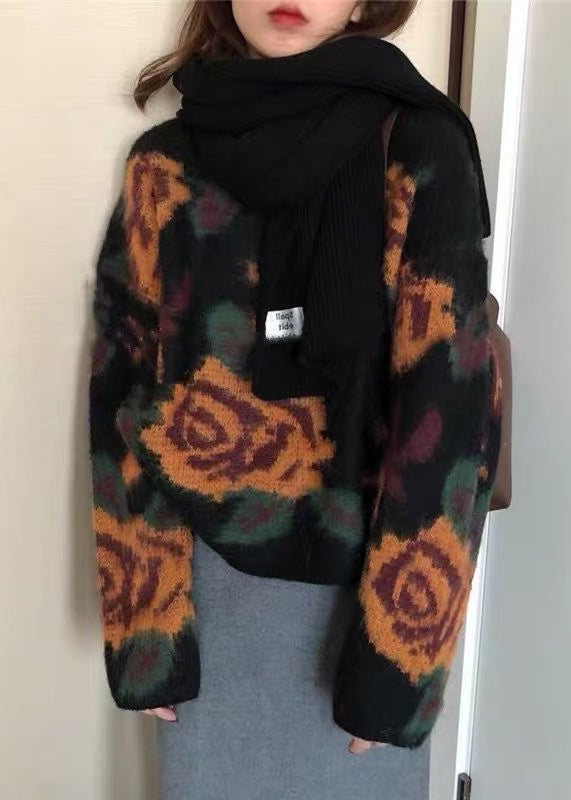 French Black O Neck Floral Jacquard Knit Sweater Tops Spring TN027 ABC