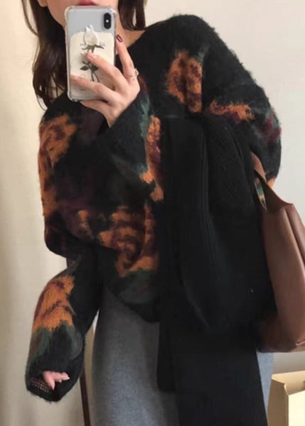 French Black O Neck Floral Jacquard Knit Sweater Tops Spring TN027 ABC