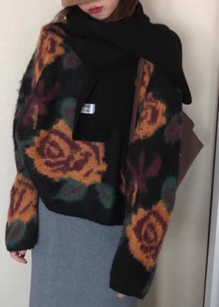 French Black O Neck Floral Jacquard Knit Sweater Tops Spring TN027 ABC