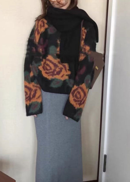 French Black O Neck Floral Jacquard Knit Sweater Tops Spring TN027 ABC