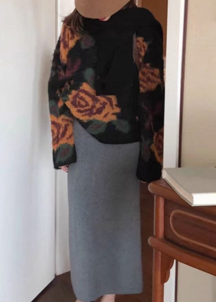 French Black O Neck Floral Jacquard Knit Sweater Tops Spring TN027 ABC