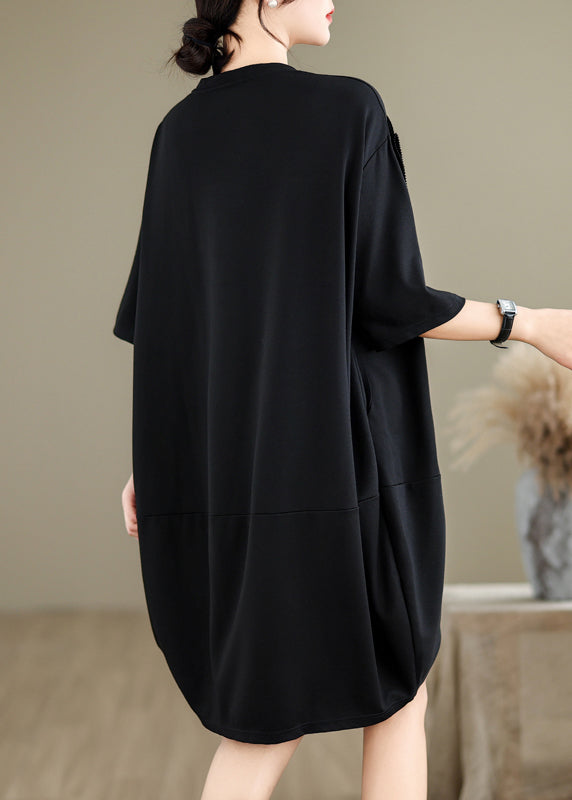 French Black O-Neck Floral Wrinkled Long Dresses Summer UU036 OM-MM240820