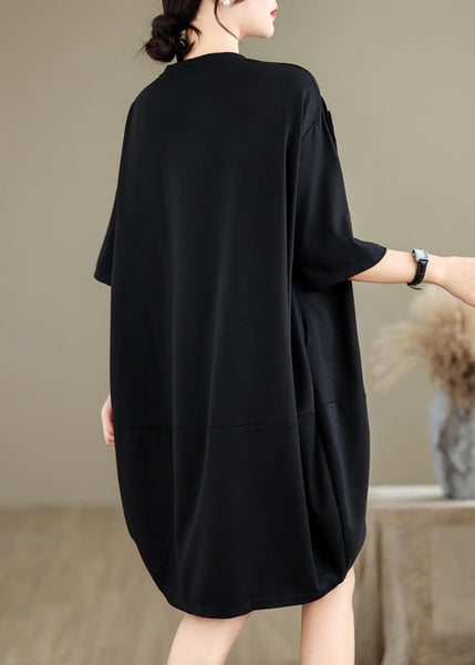 French Black O-Neck Floral Wrinkled Long Dresses Summer UU036 OM-MM240820