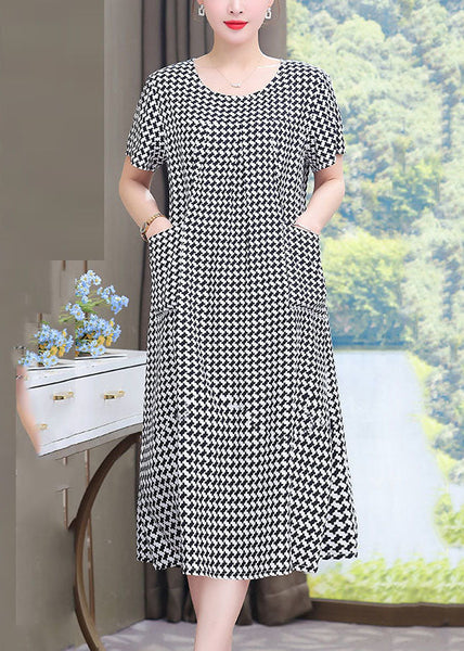 French Black O-Neck Plaid Patchwork Maxi Dresses Summer VB1052 Ada Fashion