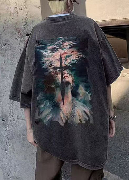 T Neck Half Black Print Sleeve Men O French Cotton Shirt FashionChic