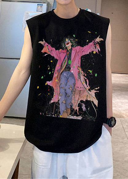 Black French O-Neck Sleeveless Mens Print Tanks Cotton FashionChic