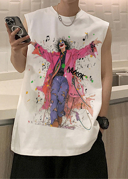 Black French O-Neck Sleeveless Mens Print Tanks Cotton FashionChic