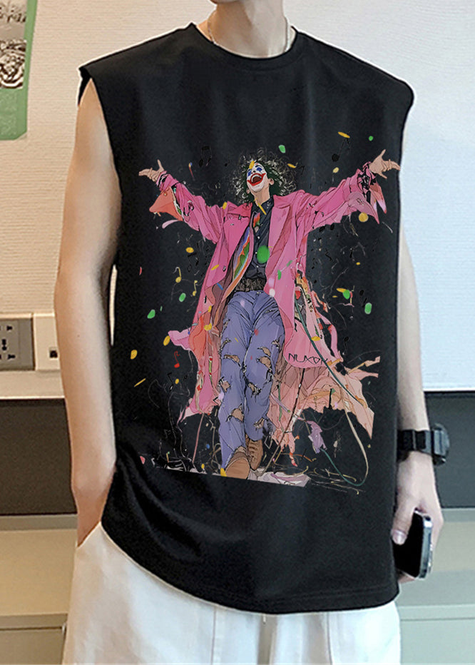 Black French O-Neck Sleeveless Mens Print Tanks Cotton FashionChic