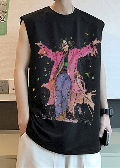 Black French O-Neck Sleeveless Mens Print Tanks Cotton FashionChic