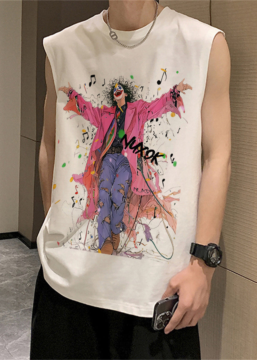 Black French O-Neck Sleeveless Mens Print Tanks Cotton FashionChic