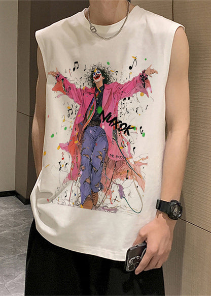 Black French O-Neck Sleeveless Mens Print Tanks Cotton FashionChic