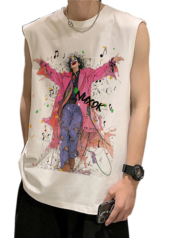 Black French O-Neck Sleeveless Mens Print Tanks Cotton FashionChic