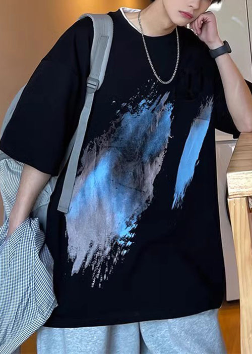 Black T Summer O Cotton Men Print Cozy Shirt French Neck FashionChic