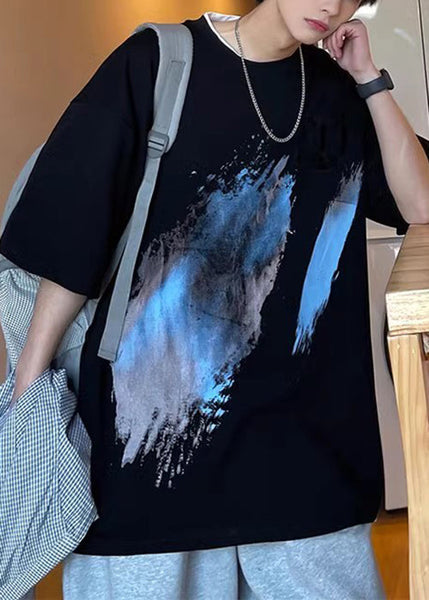 Black T Summer O Cotton Men Print Cozy Shirt French Neck FashionChic