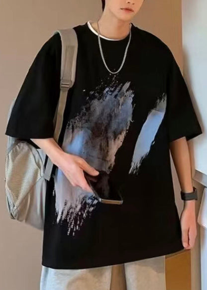 Black T Summer O Cotton Men Print Cozy Shirt French Neck FashionChic