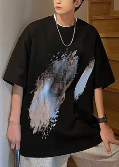 Black T Summer O Cotton Men Print Cozy Shirt French Neck FashionChic