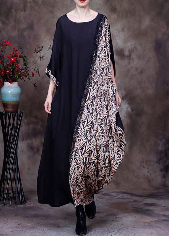 French Black O Neck Print Patchwork Silk Long Dresses Half Sleeve OP1039 Ada Fashion
