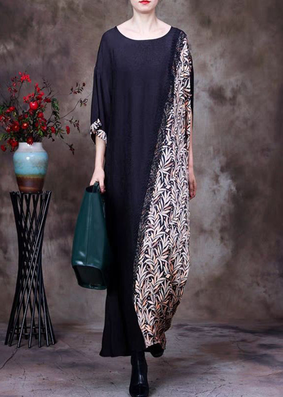 French Black O Neck Print Patchwork Silk Long Dresses Half Sleeve OP1039 Ada Fashion