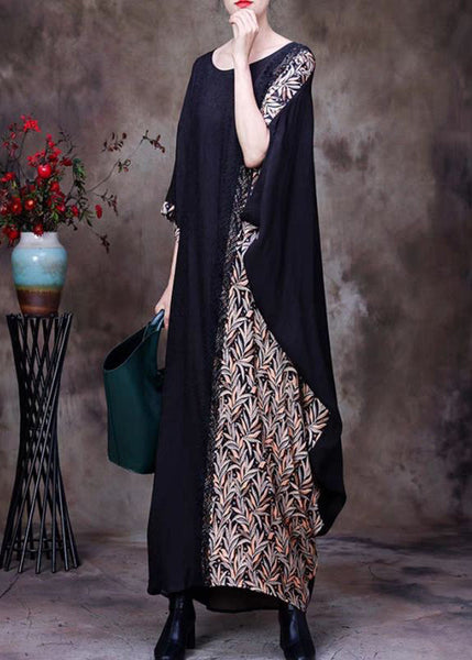 French Black O Neck Print Patchwork Silk Long Dresses Half Sleeve OP1039 Ada Fashion
