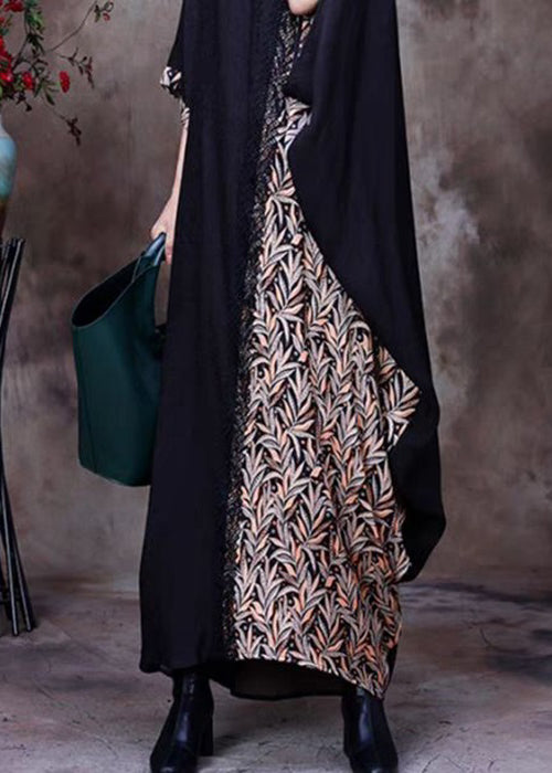 French Black O Neck Print Patchwork Silk Long Dresses Half Sleeve OP1039 Ada Fashion