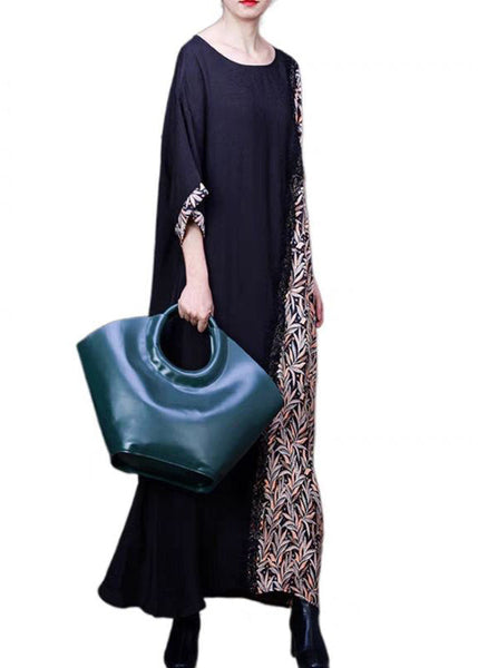 French Black O Neck Print Patchwork Silk Long Dresses Half Sleeve OP1039 Ada Fashion