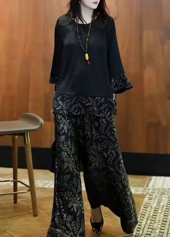 Silk Fall Black O Set Neck French Print Patchwork Two-Piece FashionChic