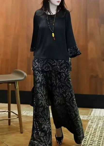 Silk Fall Black O Set Neck French Print Patchwork Two-Piece FashionChic